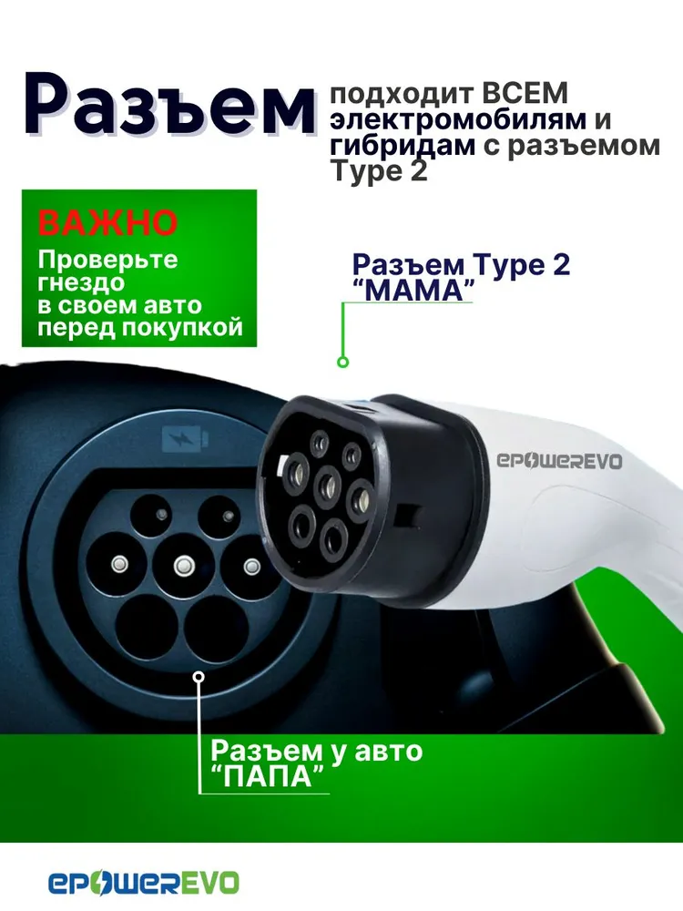 Зарядные устройства для электромобилей Зарядное устройство EPOWEREVO Type 2 3,5 кВт 220В + приложение