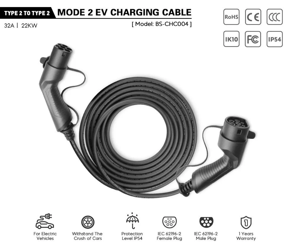 Зарядные кабели для электромобилей Зарядный кабель Auxus Type2 - Type2 (32 A, 1 фаза, 7 кВт, 5 метров)